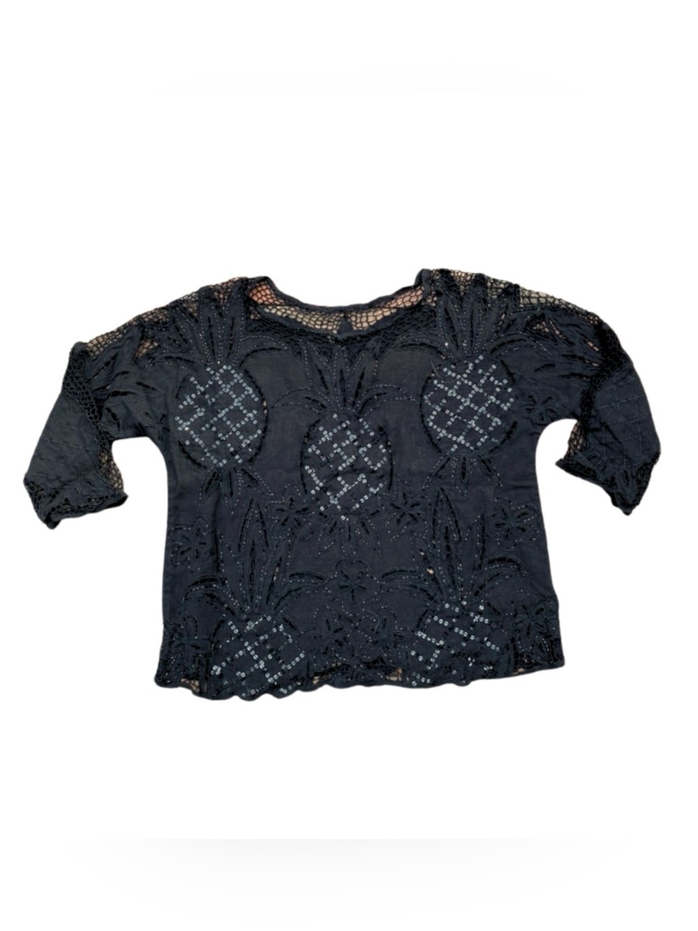 Vintage 1980's Black Crochet Beaded Top Pineapple Long Sleeve Shirt Medium Sheer
